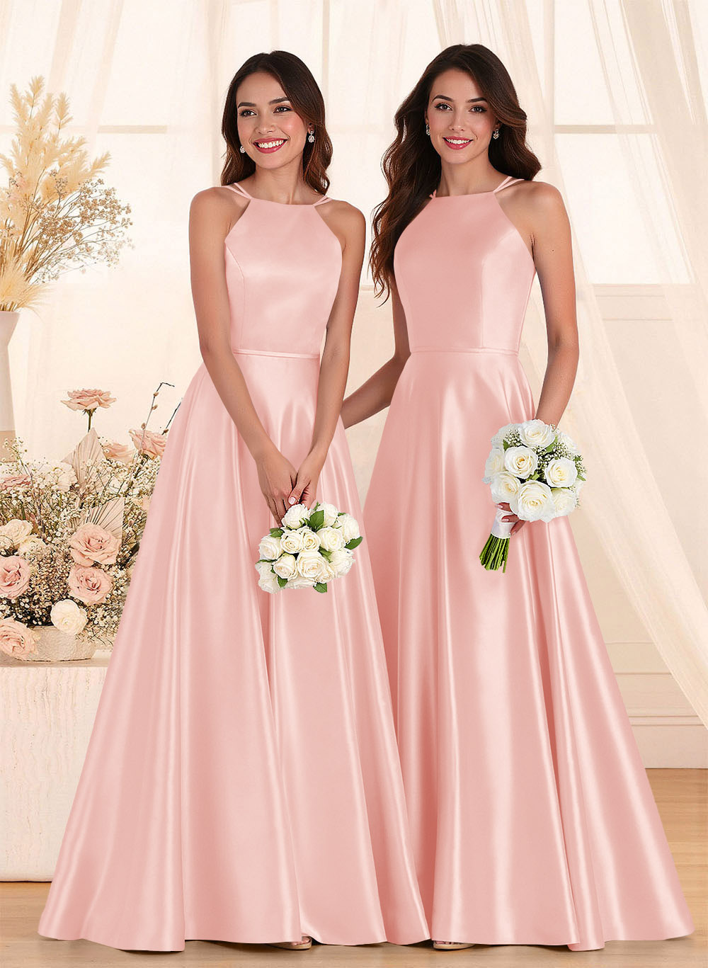 Classic Scoop Neck A-Line Floor-Length Satin Bridesmaid Dresses, product image 102