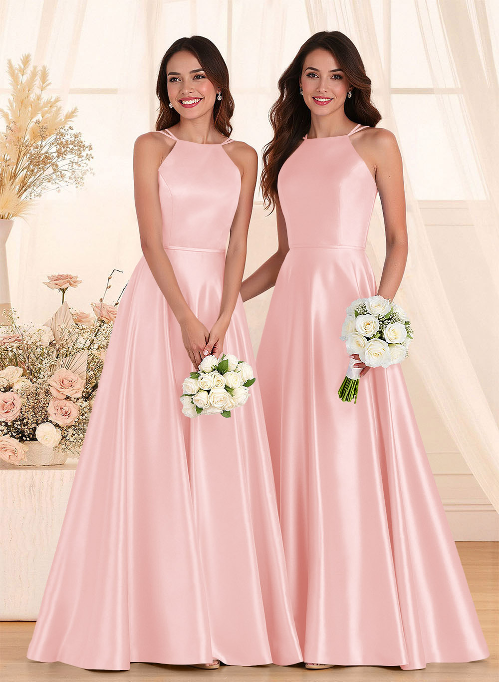 Classic Scoop Neck A-Line Floor-Length Satin Bridesmaid Dresses, product image 98