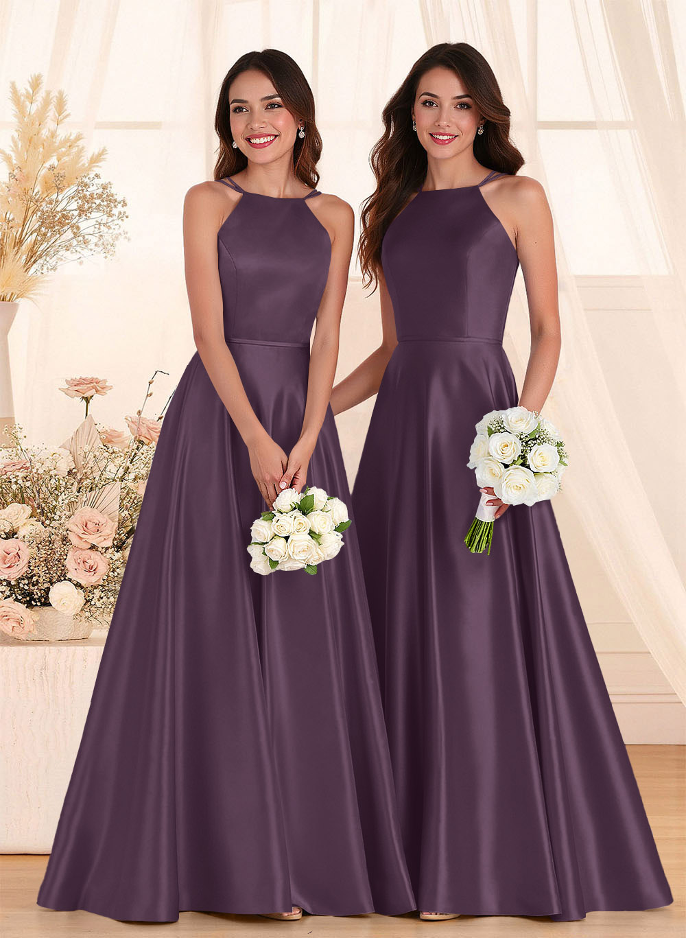Classic Scoop Neck A-Line Floor-Length Satin Bridesmaid Dresses, product image 26