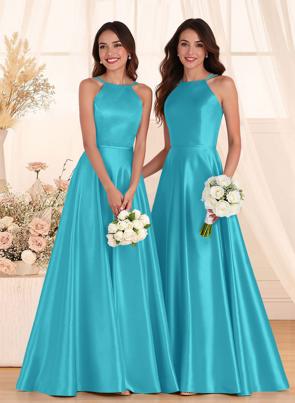 Classic Scoop Neck A-Line Floor-Length Satin Bridesmaid Dresses, product image 124