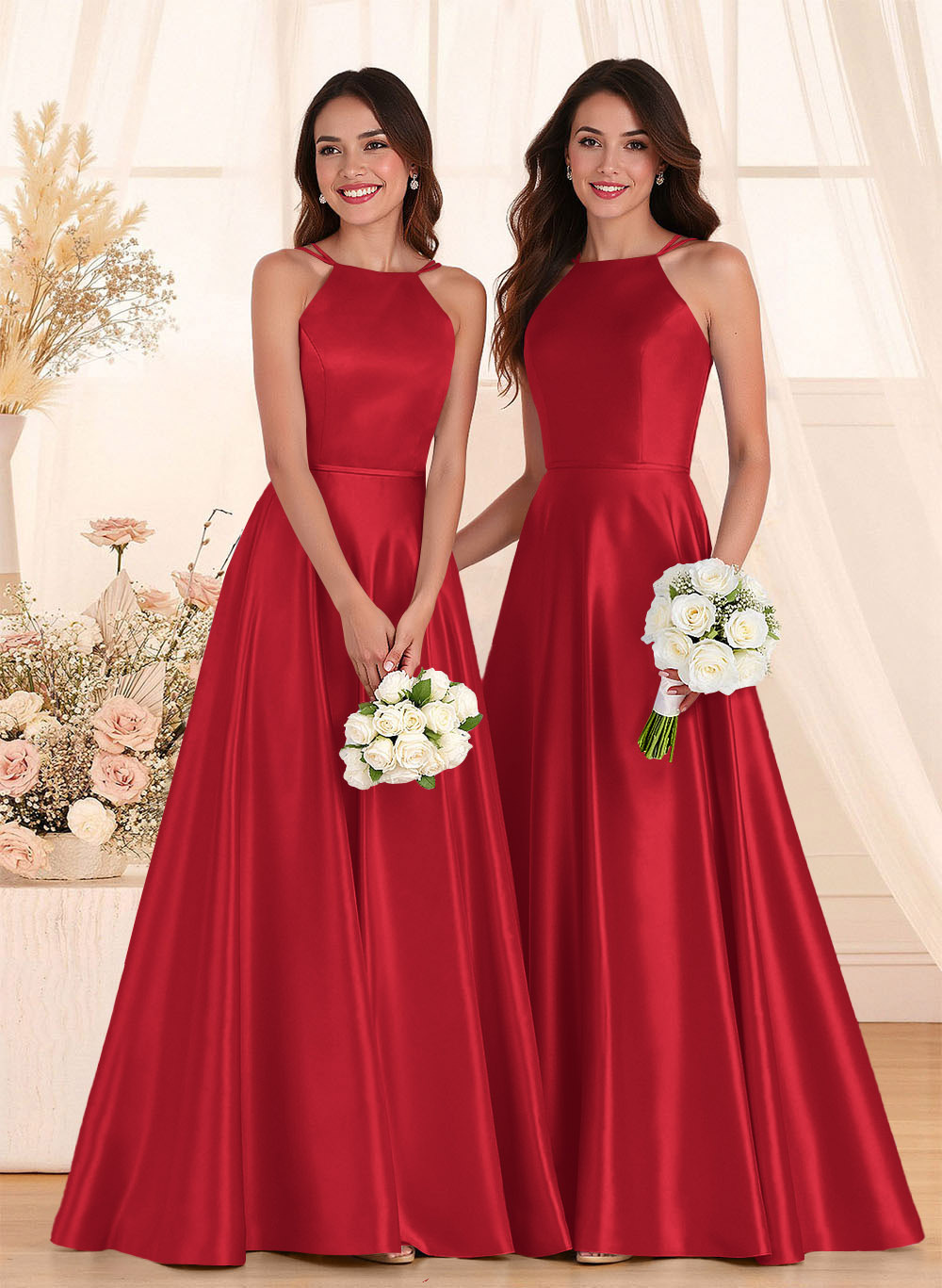 Classic Scoop Neck A-Line Floor-Length Satin Bridesmaid Dresses, product image 110
