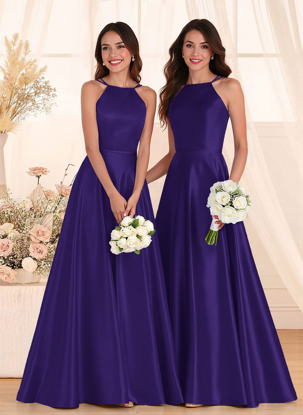 Classic Scoop Neck A-Line Floor-Length Satin Bridesmaid Dresses, product image 70