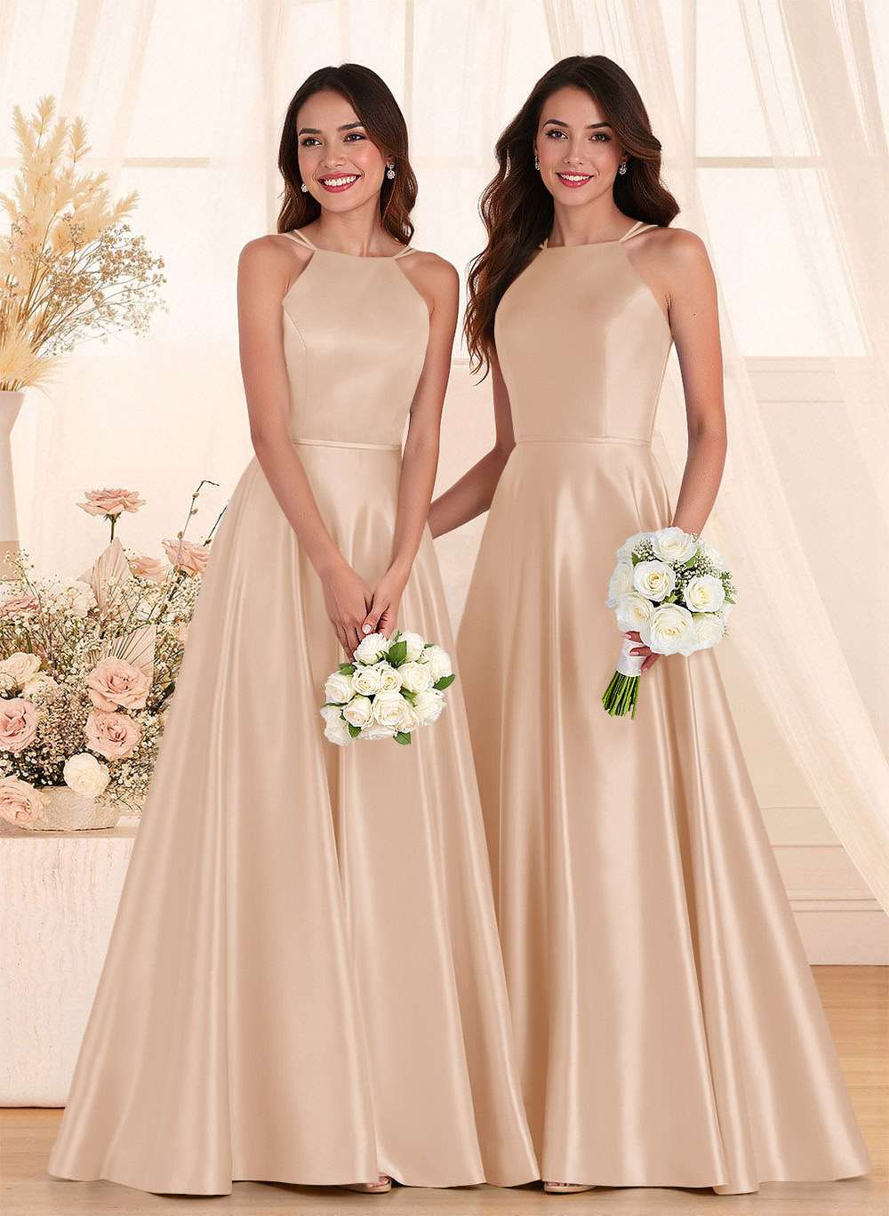 Classic Scoop Neck A-Line Floor-Length Satin Bridesmaid Dresses, product image 18