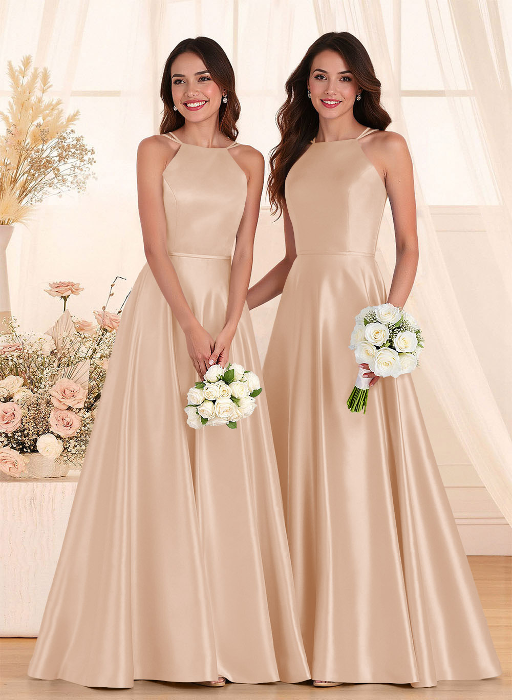 Classic Scoop Neck A-Line Floor-Length Satin Bridesmaid Dresses, product image 18