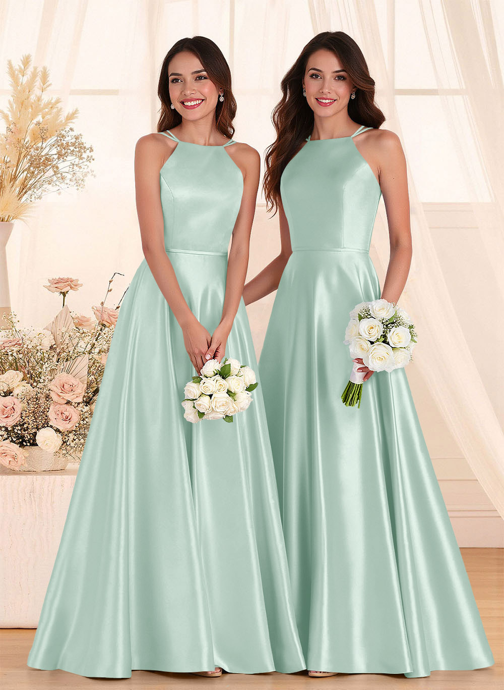 Classic Scoop Neck A-Line Floor-Length Satin Bridesmaid Dresses, product image 58