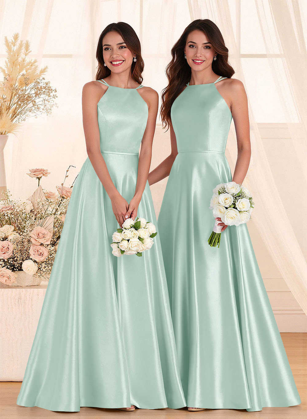Classic Scoop Neck A-Line Floor-Length Satin Bridesmaid Dresses, product image 58