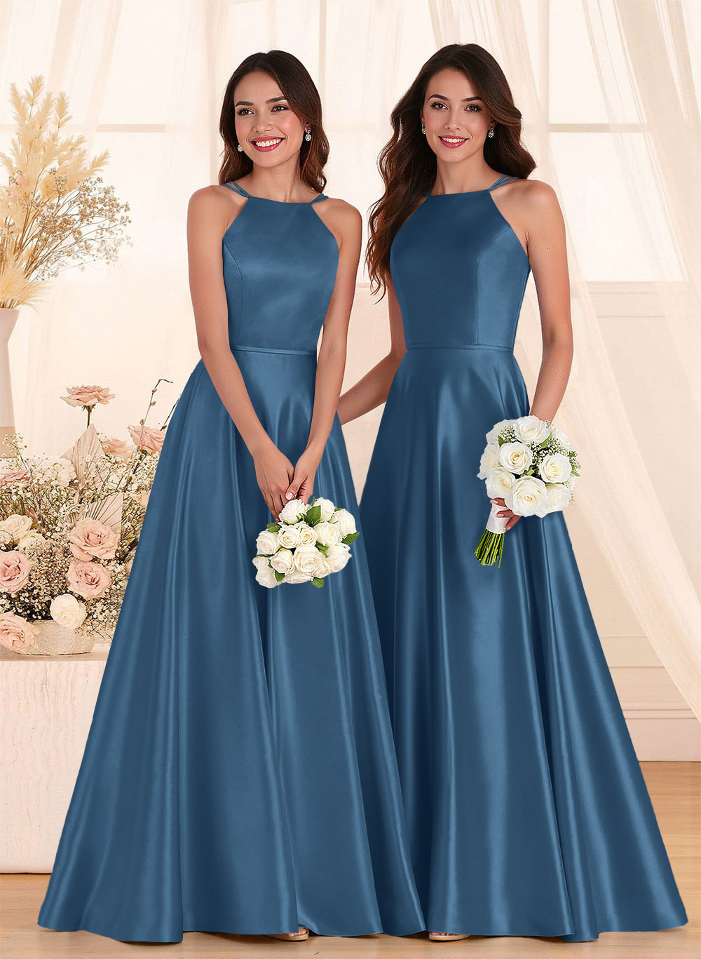 Classic Scoop Neck A-Line Floor-Length Satin Bridesmaid Dresses, product image 134