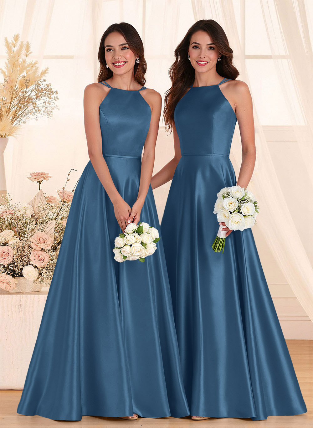 Classic Scoop Neck A-Line Floor-Length Satin Bridesmaid Dresses, product image 134