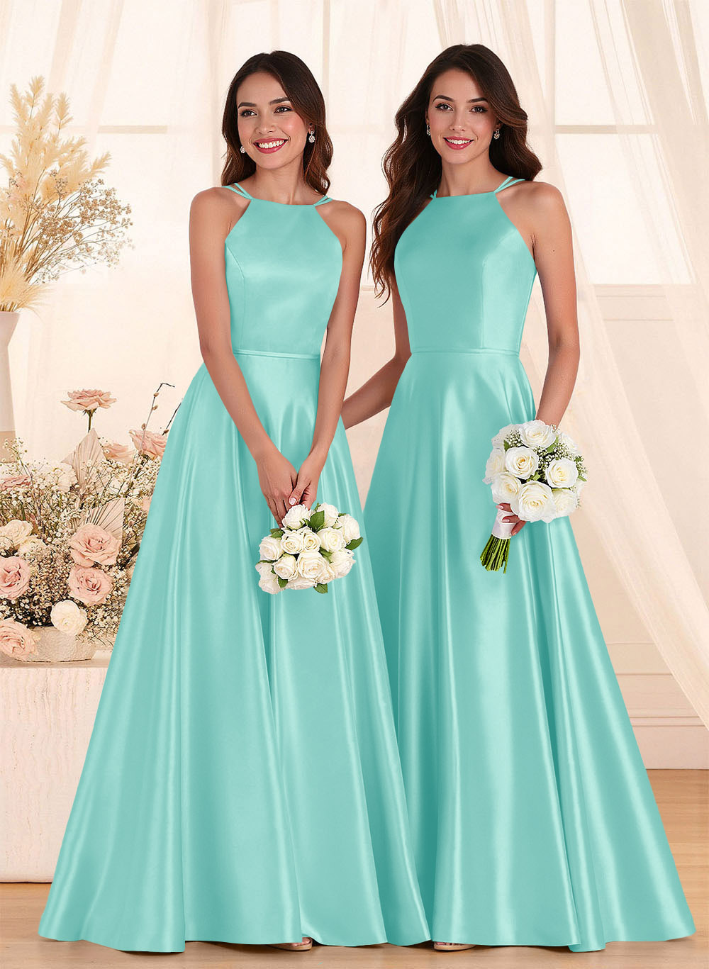 Classic Scoop Neck A-Line Floor-Length Satin Bridesmaid Dresses, product image 54
