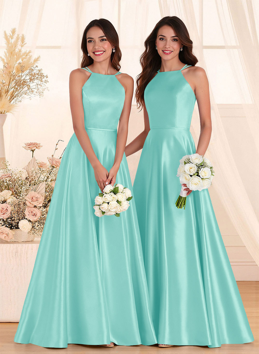 Classic Scoop Neck A-Line Floor-Length Satin Bridesmaid Dresses, product image 54
