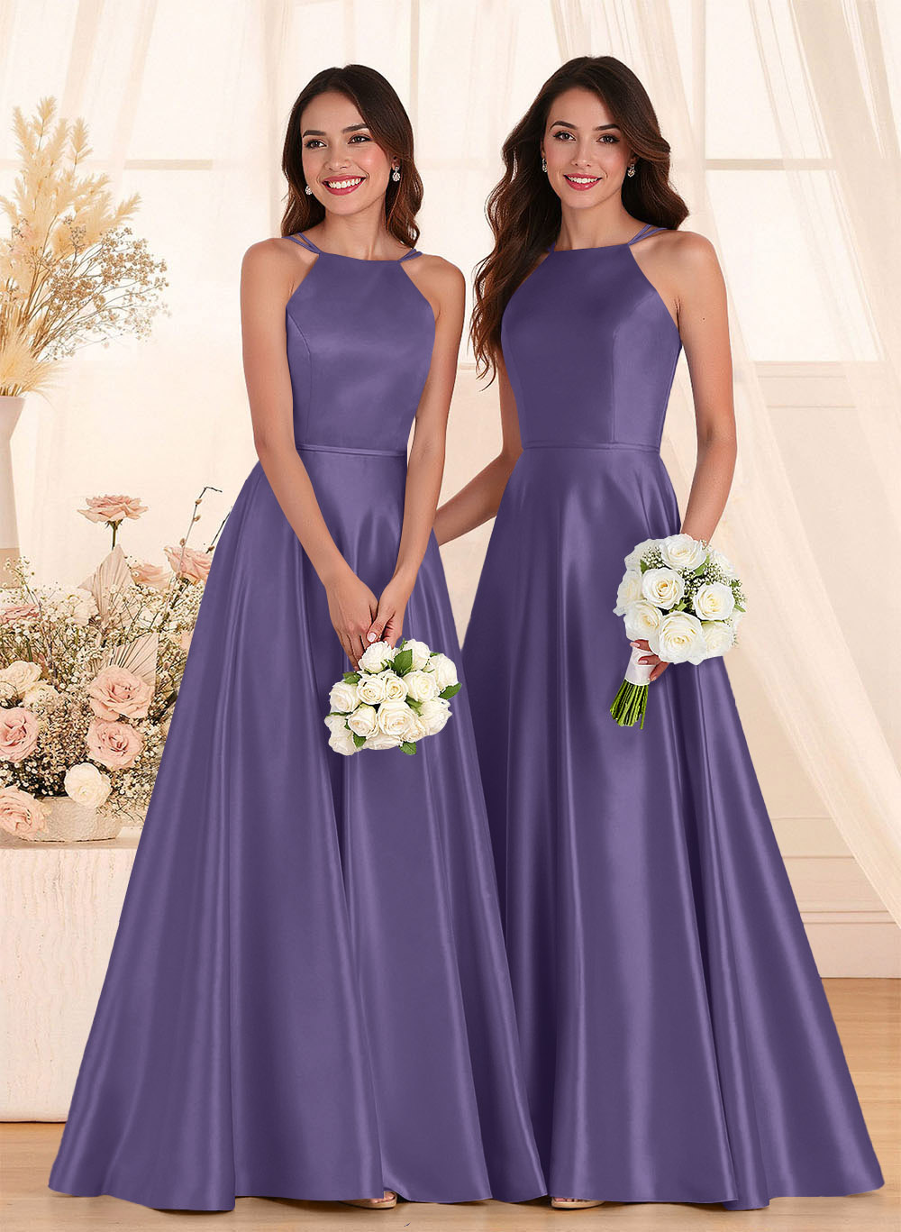 Classic Scoop Neck A-Line Floor-Length Satin Bridesmaid Dresses, product image 78
