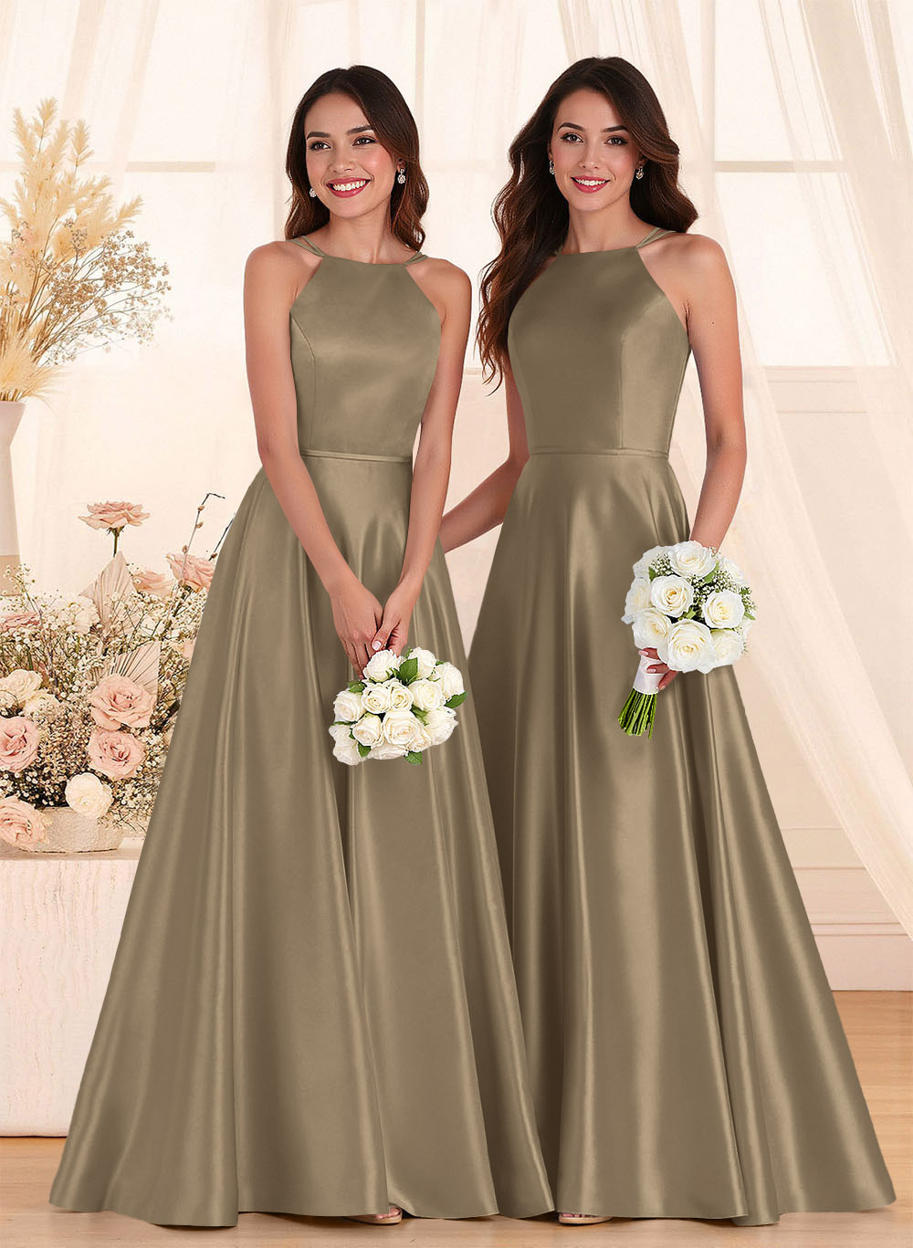 Classic Scoop Neck A-Line Floor-Length Satin Bridesmaid Dresses, product image 50