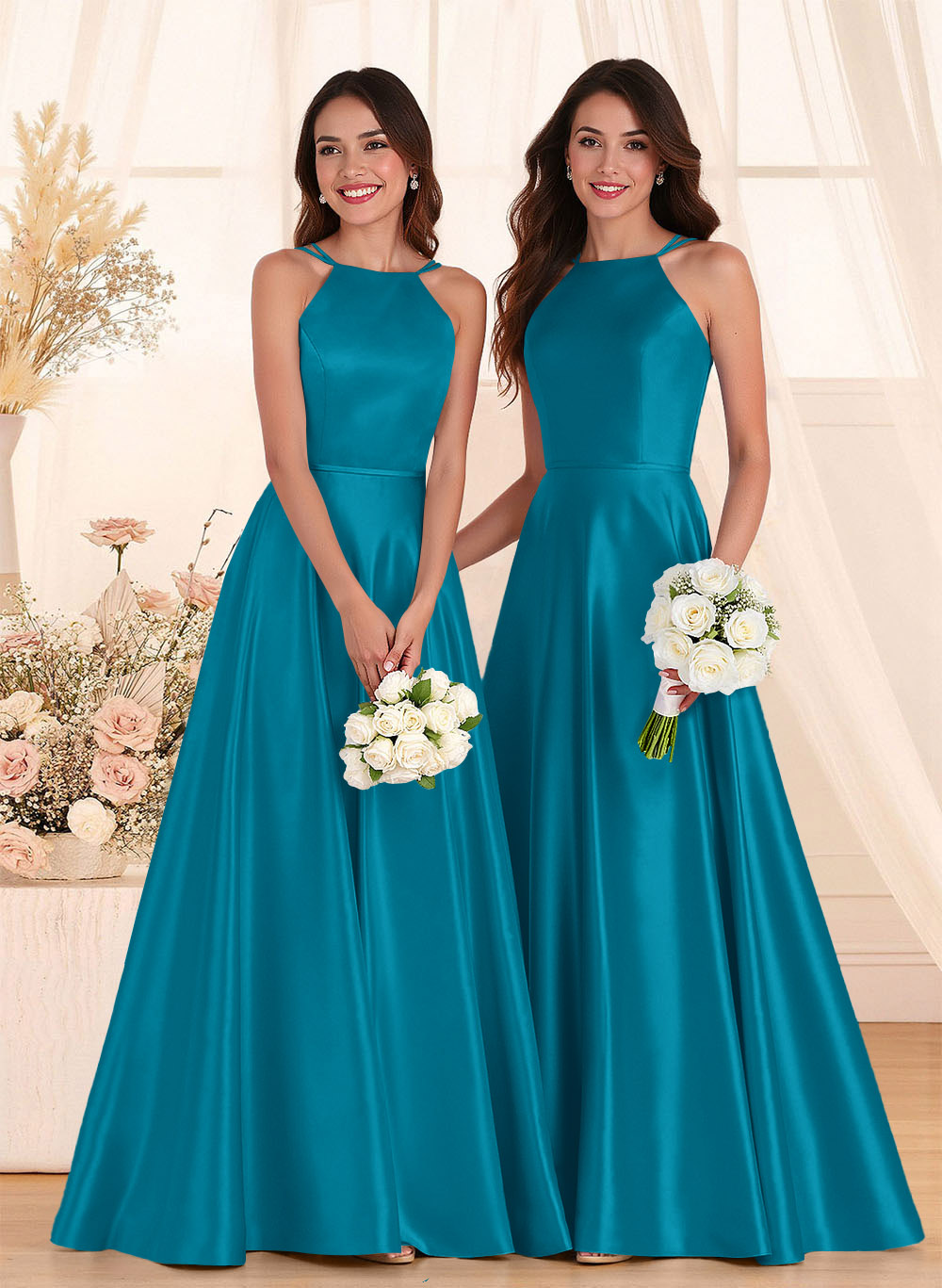Classic Scoop Neck A-Line Floor-Length Satin Bridesmaid Dresses, product image 8