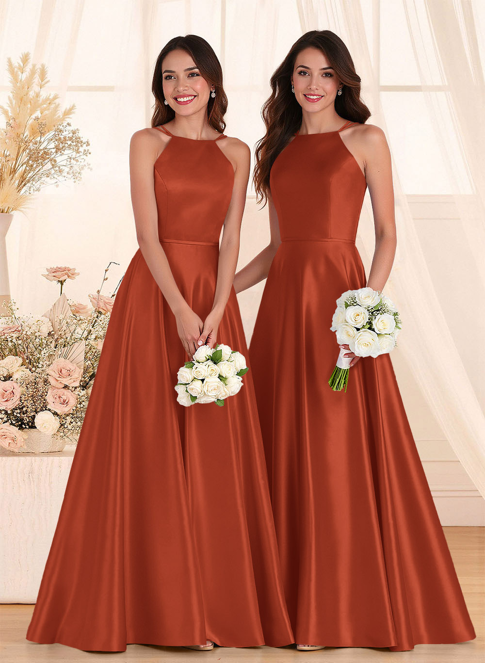 Classic Scoop Neck A-Line Floor-Length Satin Bridesmaid Dresses, product image 10