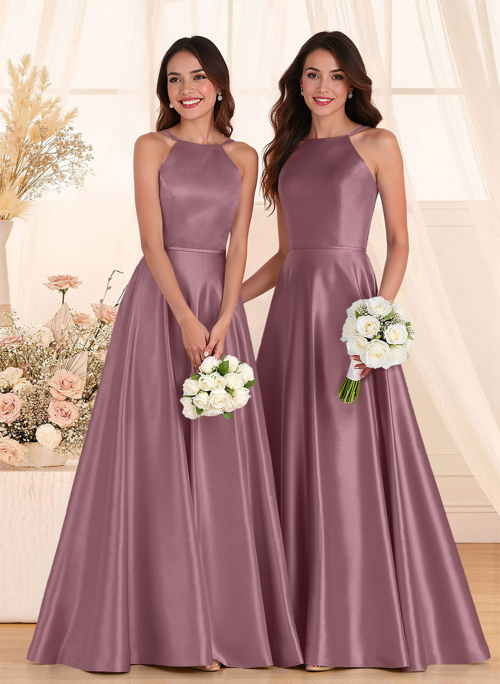 Classic Scoop Neck A-Line Floor-Length Satin Bridesmaid Dresses, product image 86