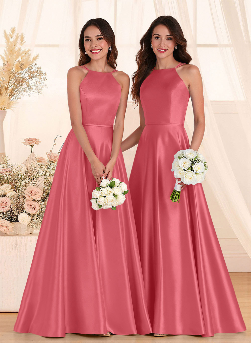 Classic Scoop Neck A-Line Floor-Length Satin Bridesmaid Dresses, product image 106