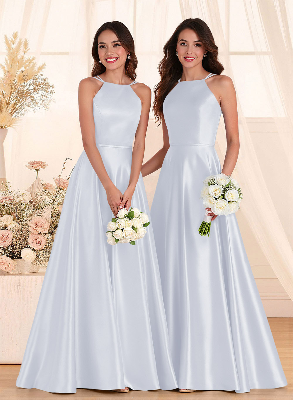 Classic Scoop Neck A-Line Floor-Length Satin Bridesmaid Dresses, product image 36