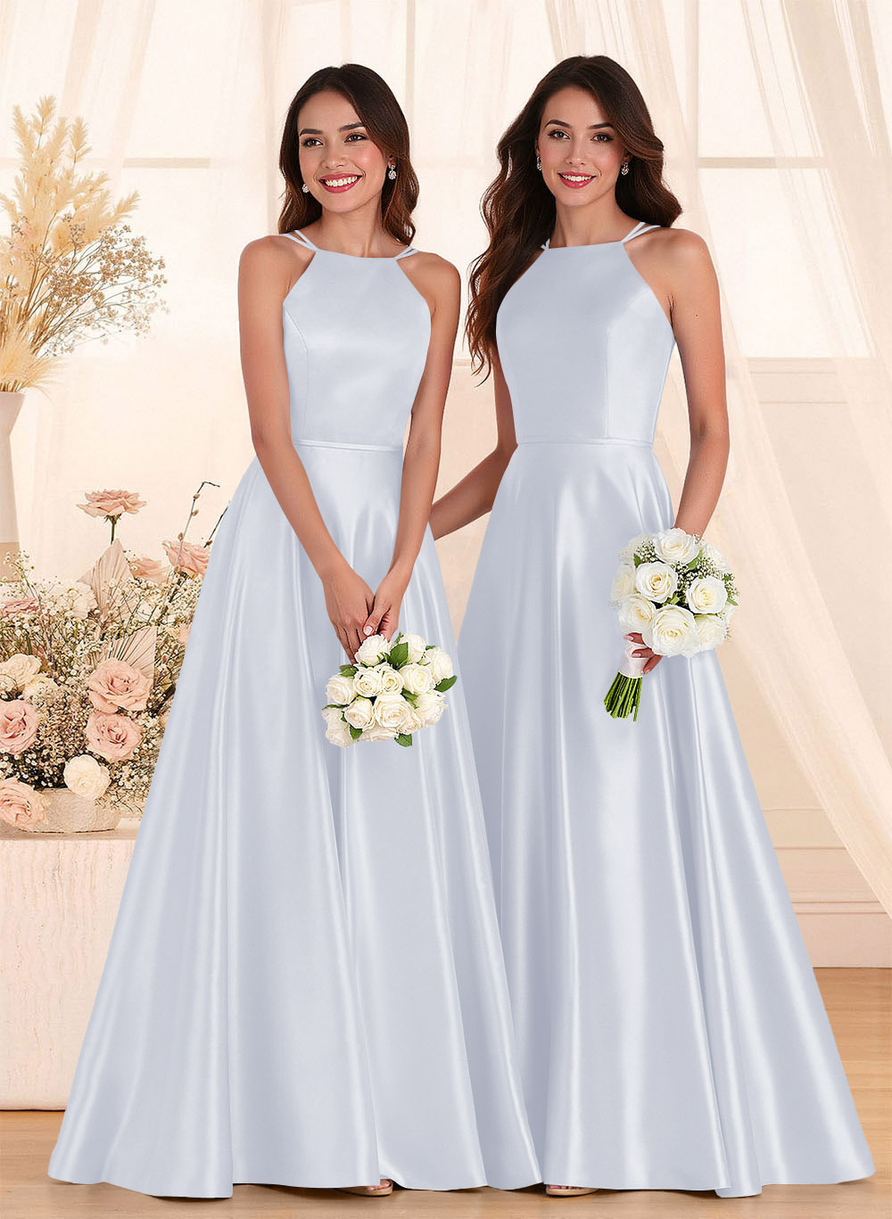 Classic Scoop Neck A-Line Floor-Length Satin Bridesmaid Dresses, product image 36