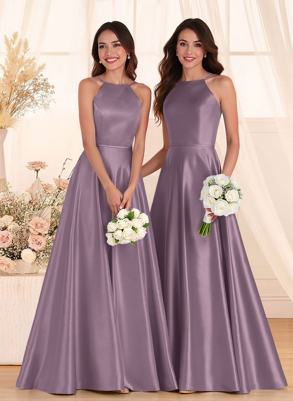 Classic Scoop Neck A-Line Floor-Length Satin Bridesmaid Dresses, product image 88