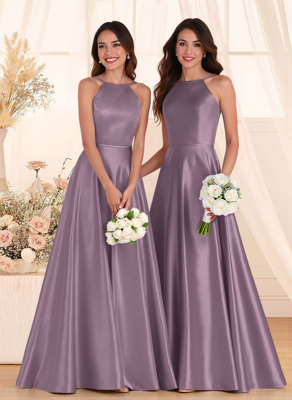 Classic Scoop Neck A-Line Floor-Length Satin Bridesmaid Dresses, product image 88