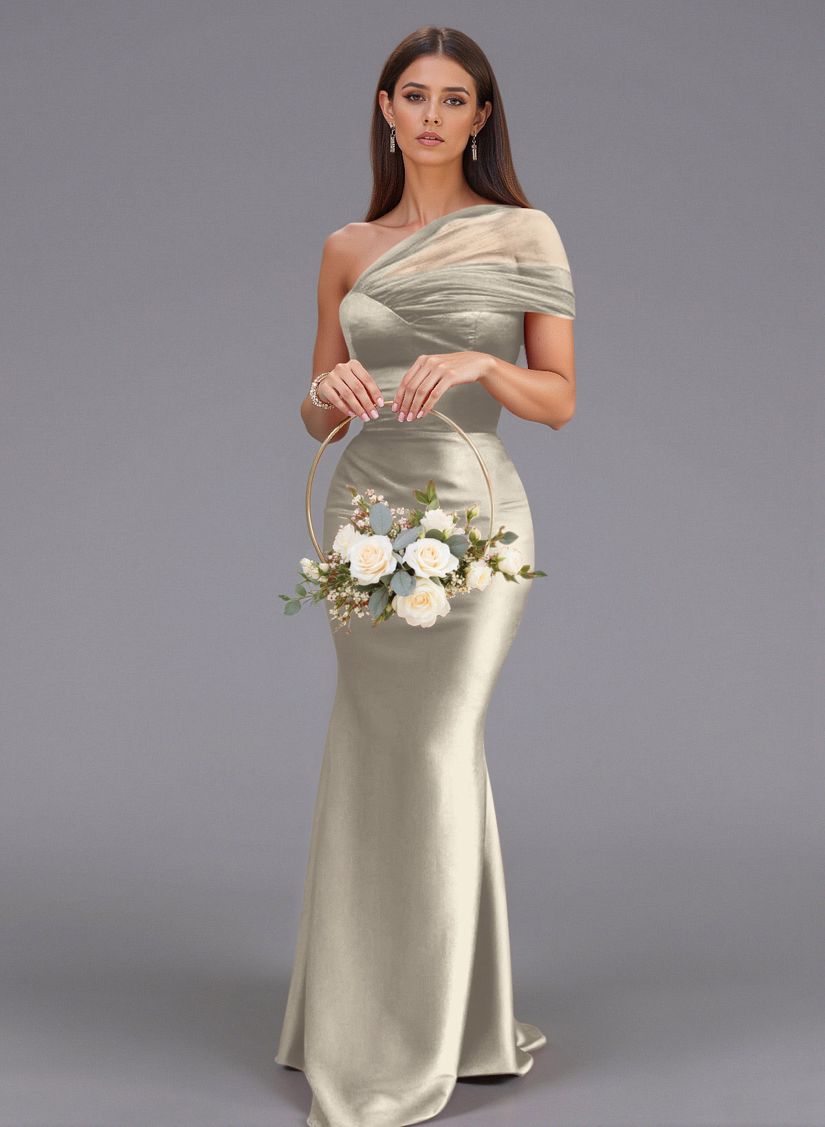 Elegant Tulle One-Shoulder Trumpet/Mermaid Floor-Length Satin Bridesmaid Dresses, product image 9