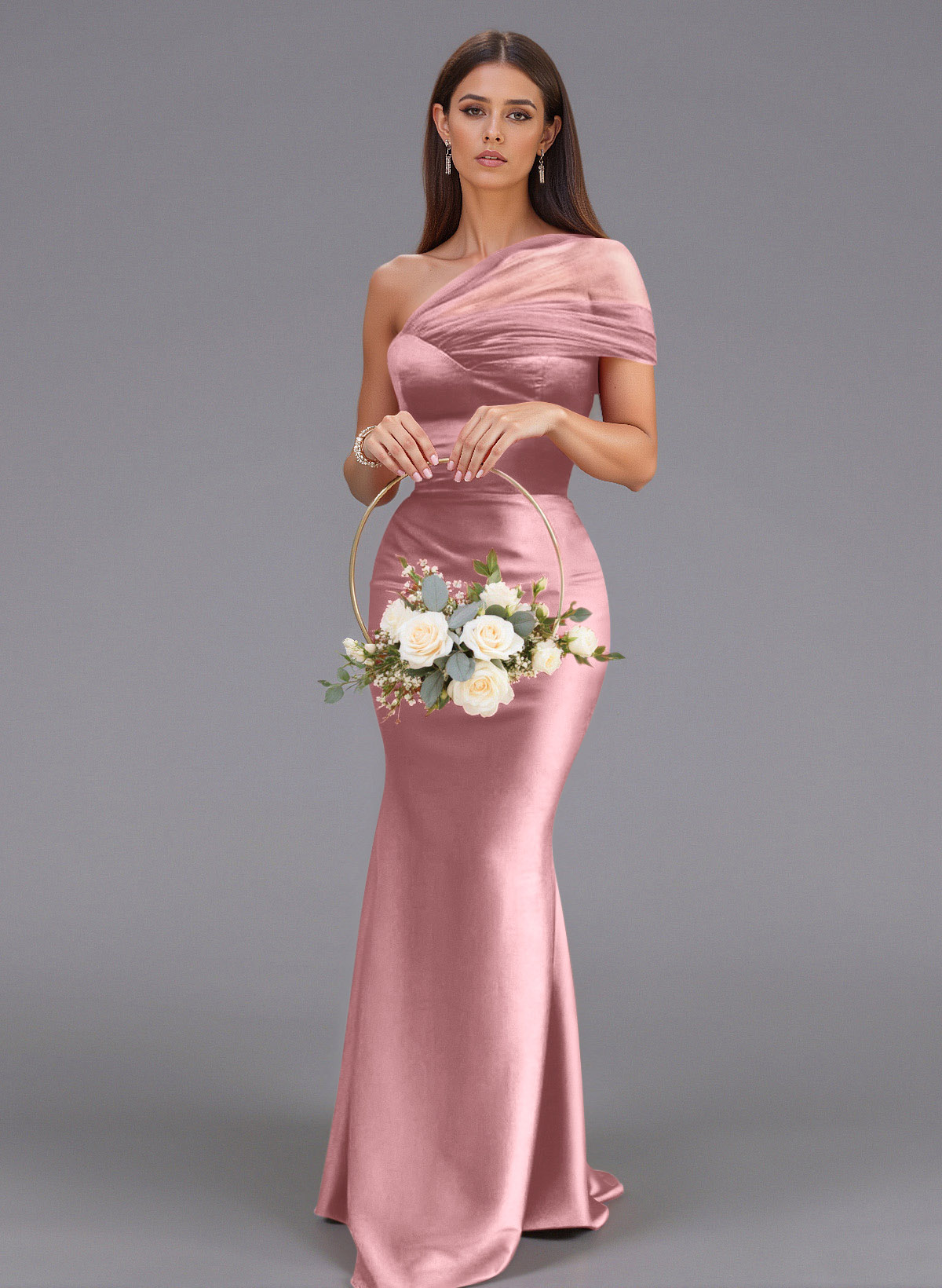 Elegant Tulle One-Shoulder Trumpet/Mermaid Floor-Length Satin Bridesmaid Dresses, product image 48