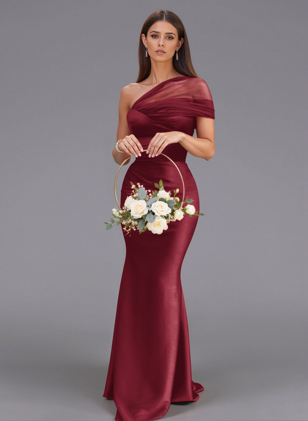 Elegant Tulle One-Shoulder Trumpet/Mermaid Floor-Length Satin Bridesmaid Dresses, product image 56