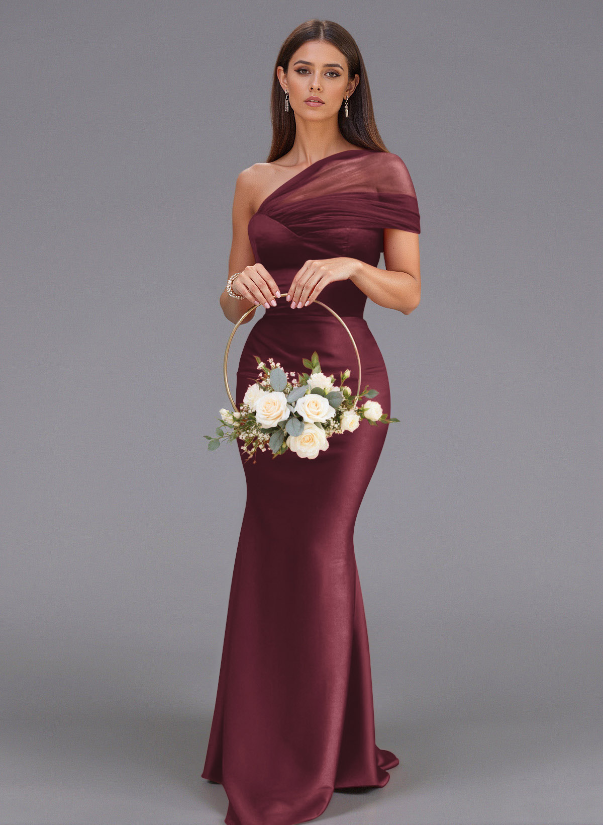 Elegant Tulle One-Shoulder Trumpet/Mermaid Floor-Length Satin Bridesmaid Dresses, product image 57