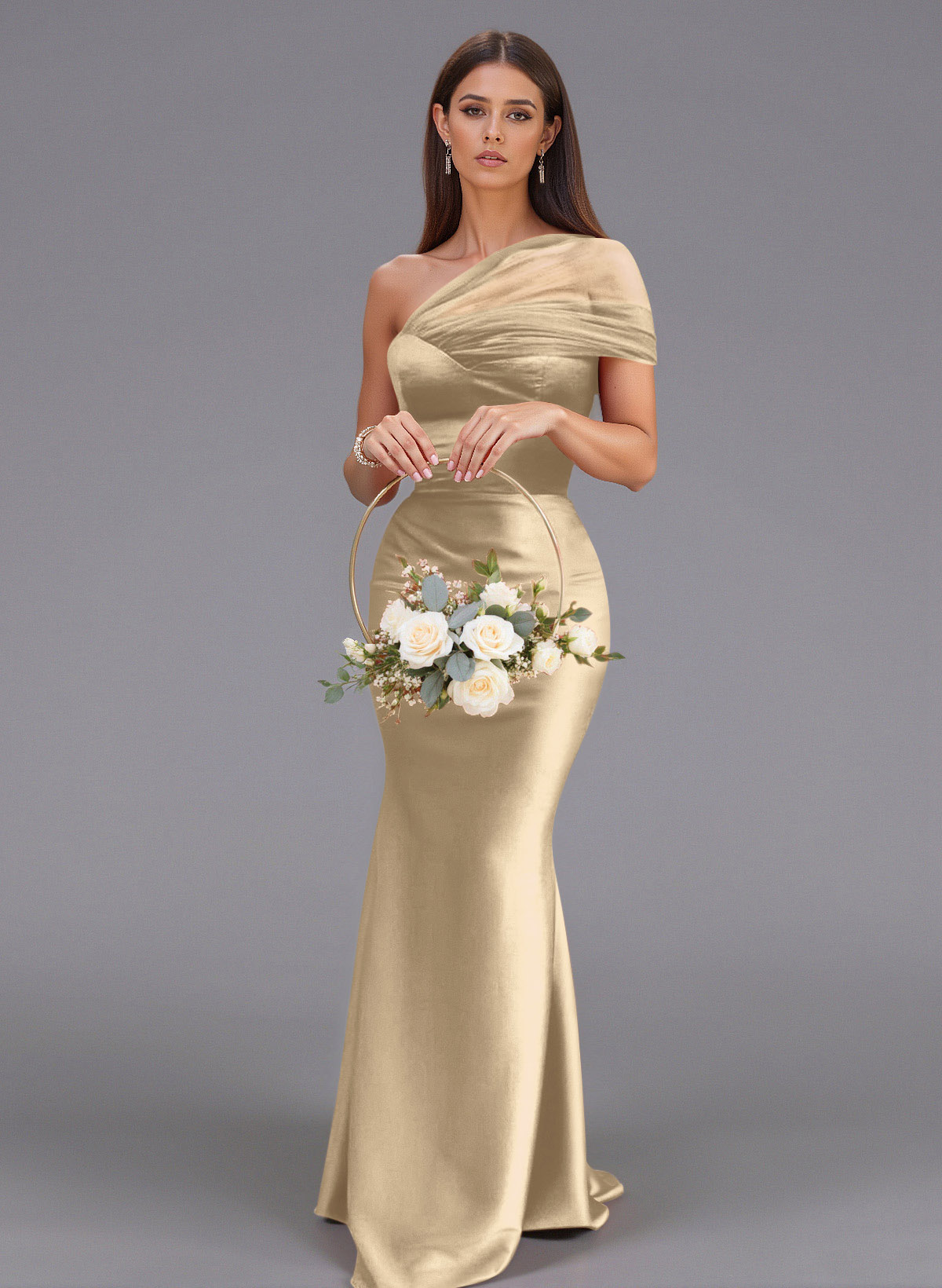 Elegant Tulle One-Shoulder Trumpet/Mermaid Floor-Length Satin Bridesmaid Dresses, product image 24