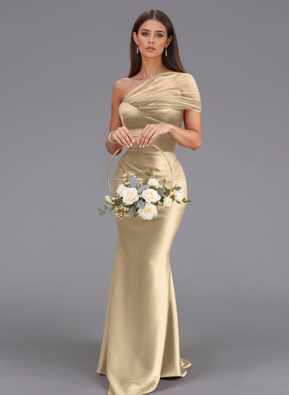 Elegant Tulle One-Shoulder Trumpet/Mermaid Floor-Length Satin Bridesmaid Dresses, product image 24