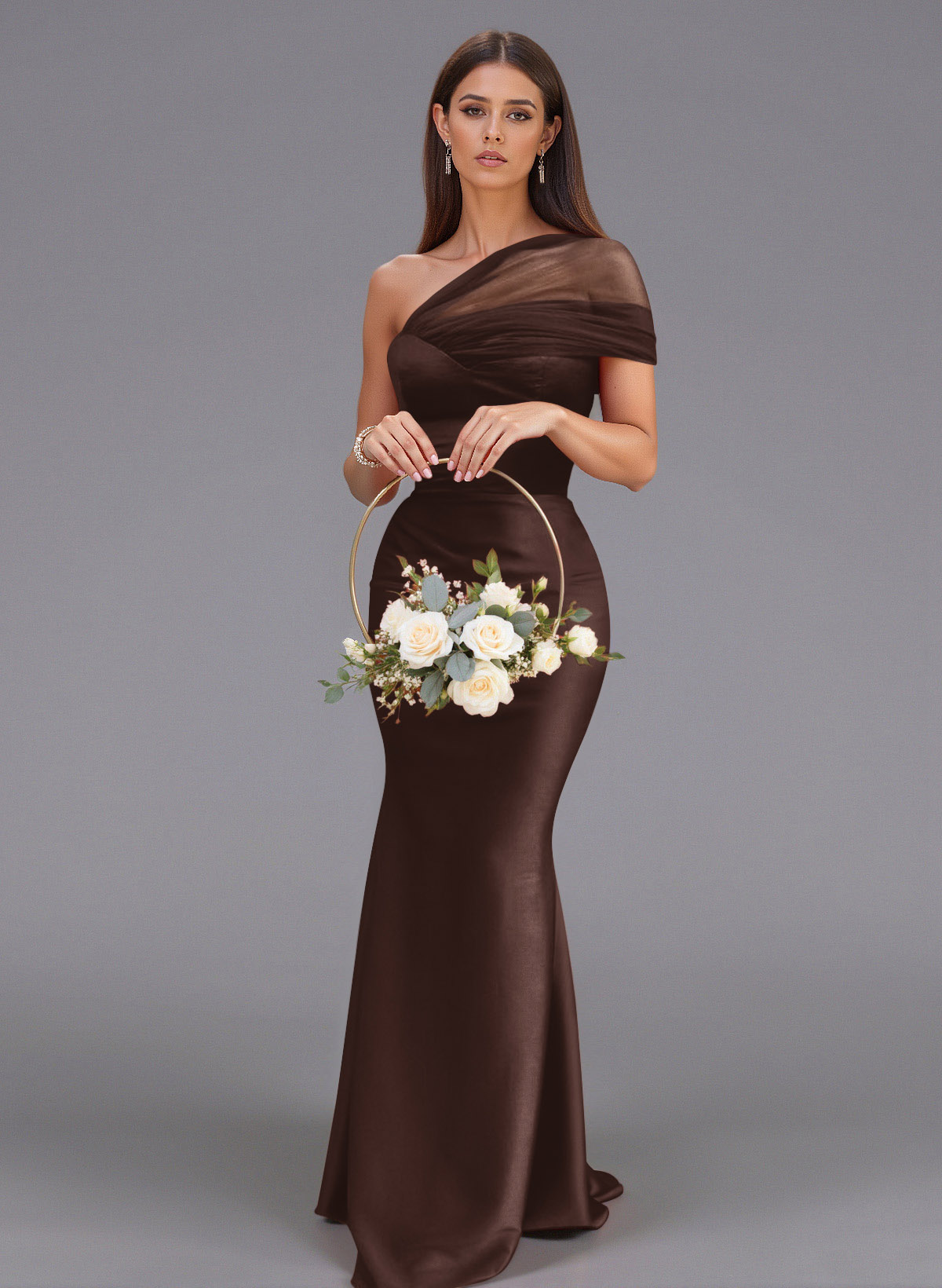 Elegant Tulle One-Shoulder Trumpet/Mermaid Floor-Length Satin Bridesmaid Dresses, product image 18