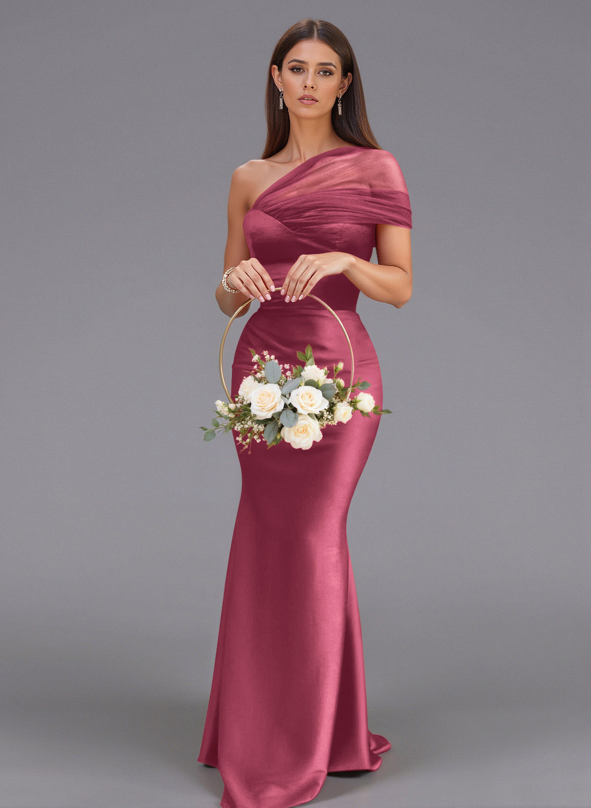 Elegant Tulle One-Shoulder Trumpet/Mermaid Floor-Length Satin Bridesmaid Dresses, product image 55