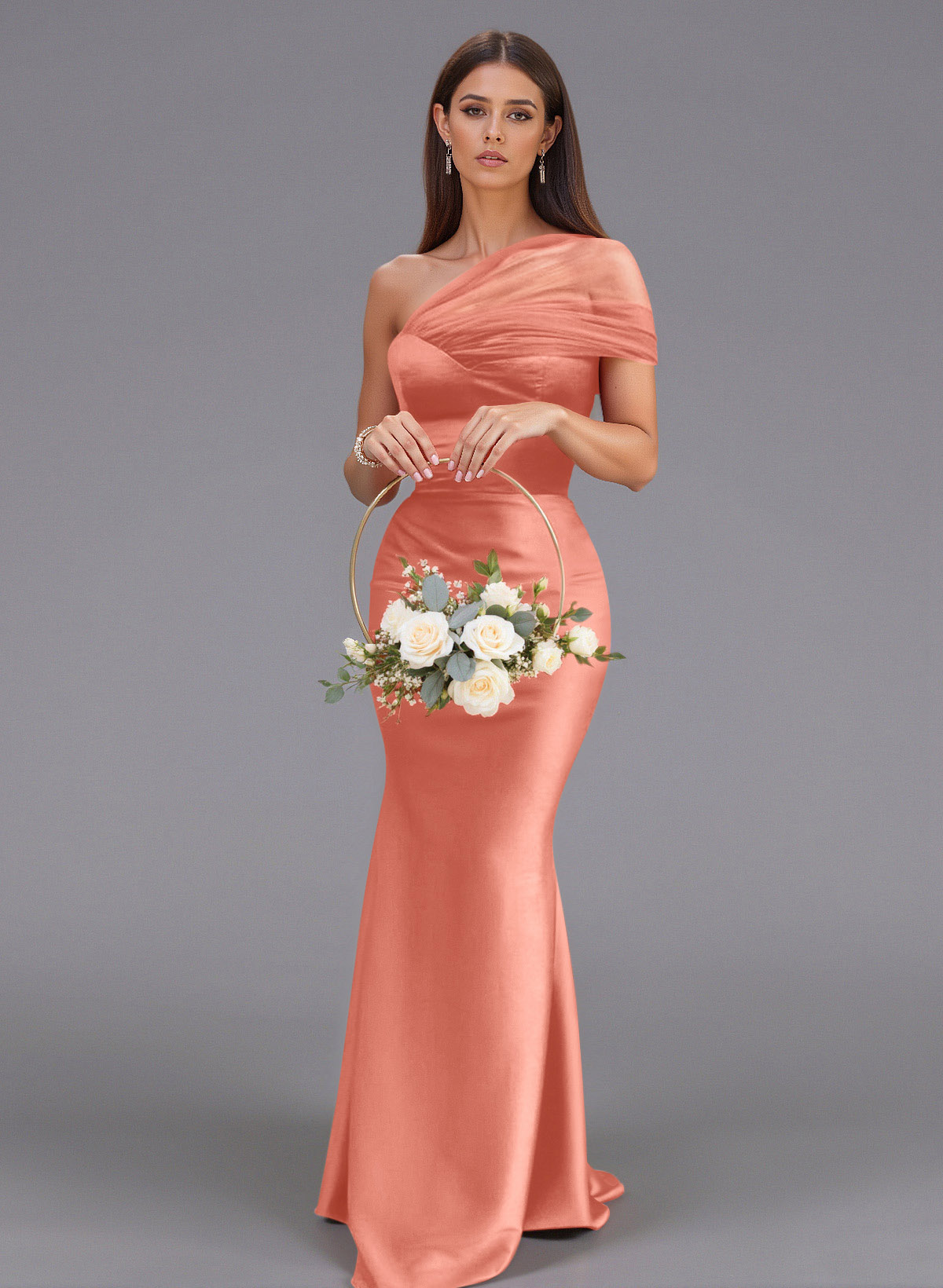 Elegant Tulle One-Shoulder Trumpet/Mermaid Floor-Length Satin Bridesmaid Dresses, product image 46