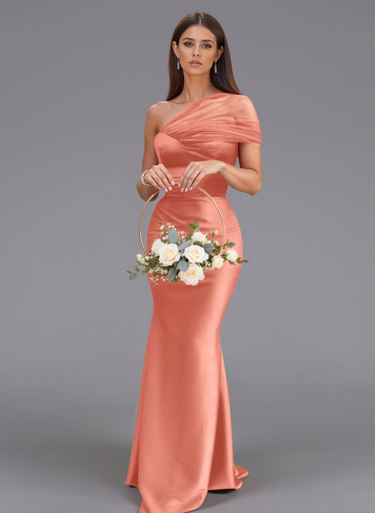 Elegant Tulle One-Shoulder Trumpet/Mermaid Floor-Length Satin Bridesmaid Dresses, product image 46