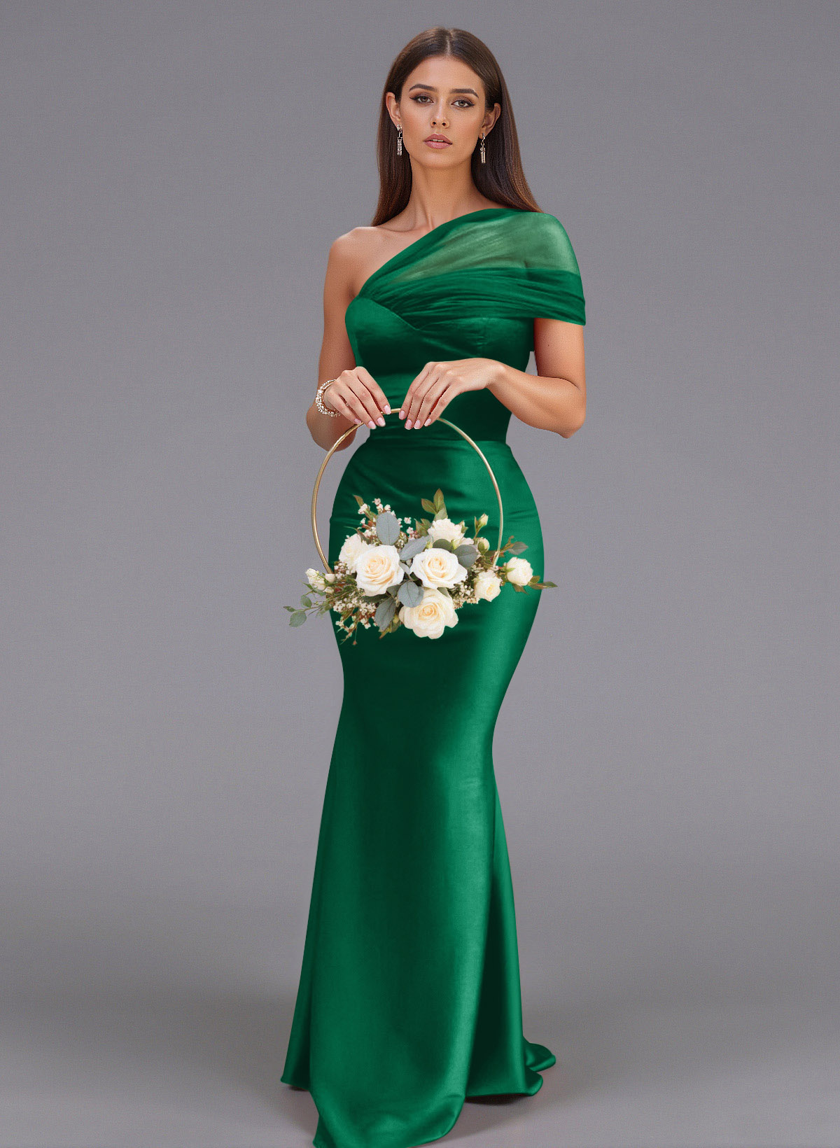 Elegant Tulle One-Shoulder Trumpet/Mermaid Floor-Length Satin Bridesmaid Dresses, product image 32