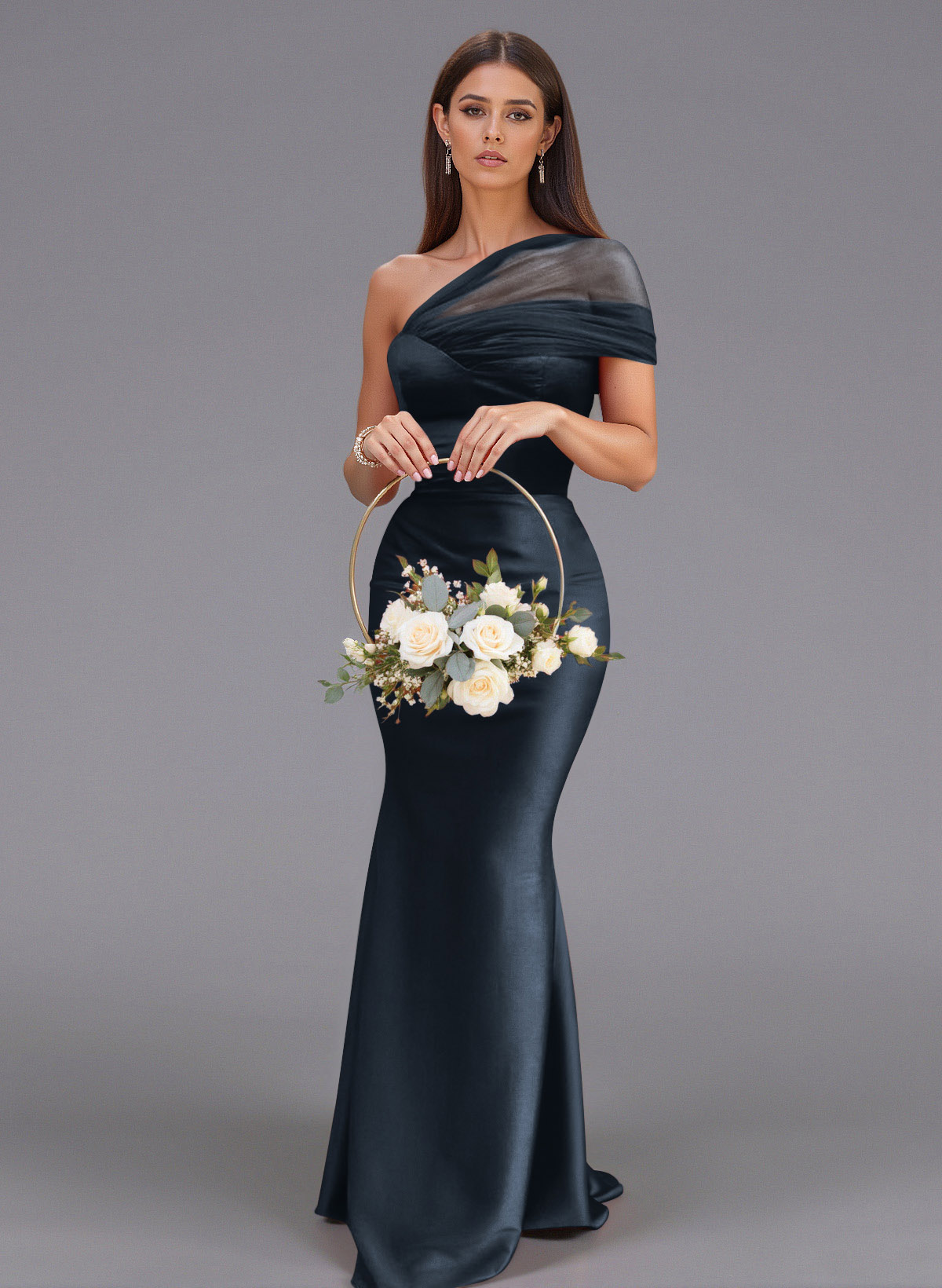Elegant Tulle One-Shoulder Trumpet/Mermaid Floor-Length Satin Bridesmaid Dresses, product image 69