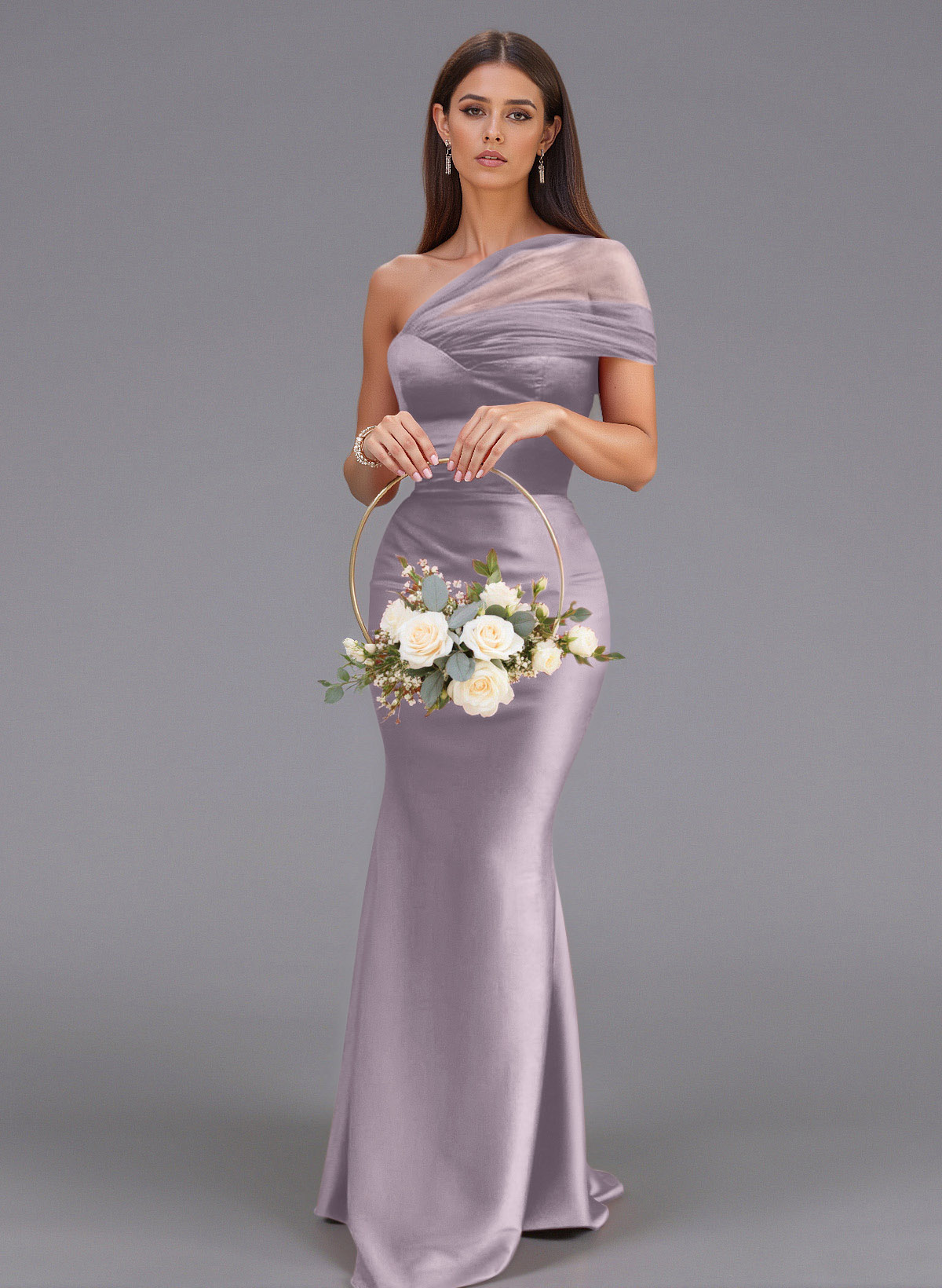 Elegant Tulle One-Shoulder Trumpet/Mermaid Floor-Length Satin Bridesmaid Dresses, product image 43
