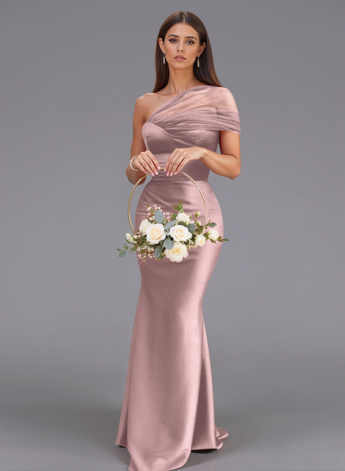 Elegant Tulle One-Shoulder Trumpet/Mermaid Floor-Length Satin Bridesmaid Dresses, product image 50