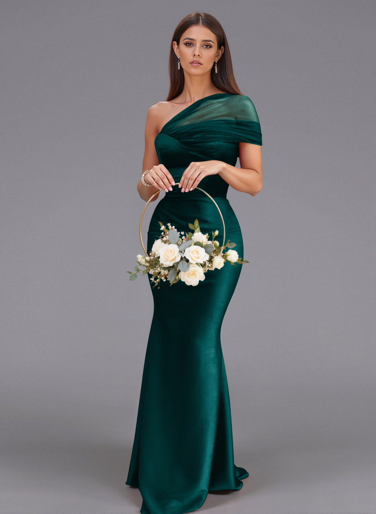 Elegant Tulle One-Shoulder Trumpet/Mermaid Floor-Length Satin Bridesmaid Dresses, product image 6