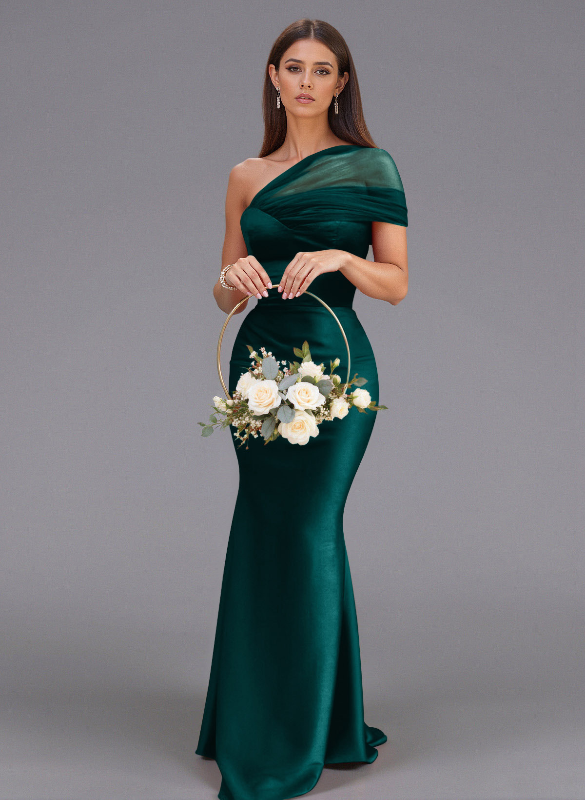 Elegant Tulle One-Shoulder Trumpet/Mermaid Floor-Length Satin Bridesmaid Dresses, product image 6
