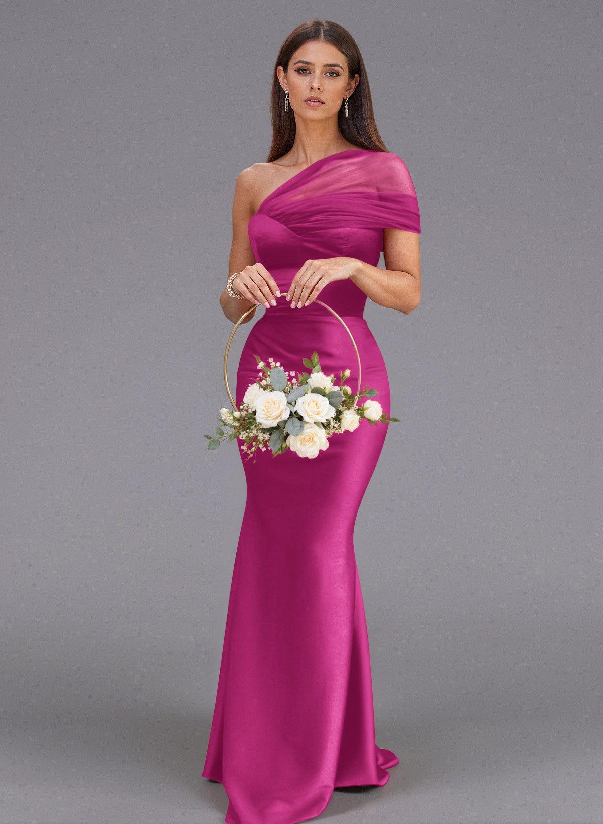 Elegant Tulle One-Shoulder Trumpet/Mermaid Floor-Length Satin Bridesmaid Dresses, product image 34