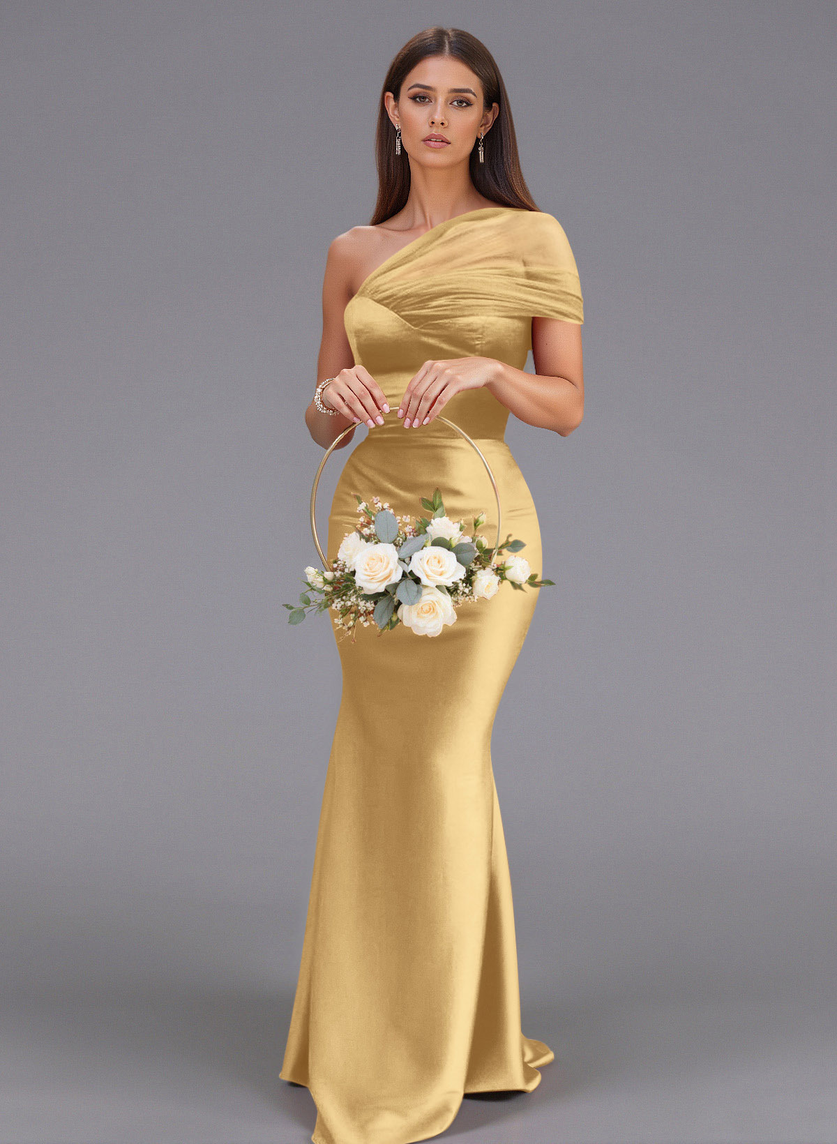 Elegant Tulle One-Shoulder Trumpet/Mermaid Floor-Length Satin Bridesmaid Dresses, product image 21