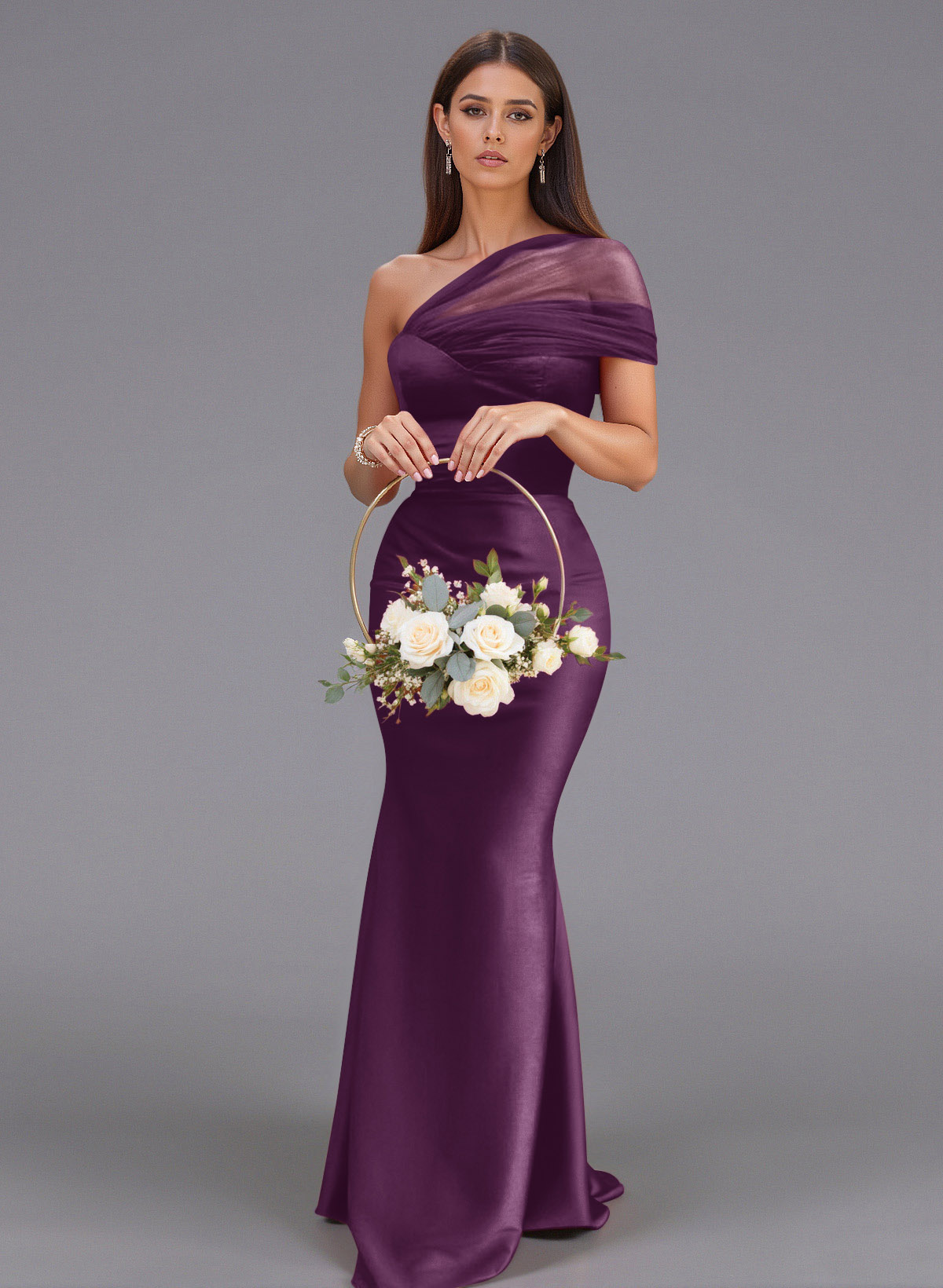 Elegant Tulle One-Shoulder Trumpet/Mermaid Floor-Length Satin Bridesmaid Dresses, product image 36