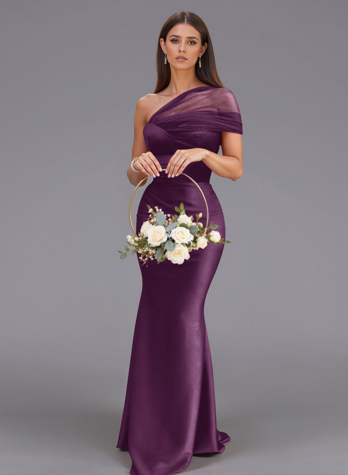 Elegant Tulle One-Shoulder Trumpet/Mermaid Floor-Length Satin Bridesmaid Dresses, product image 36