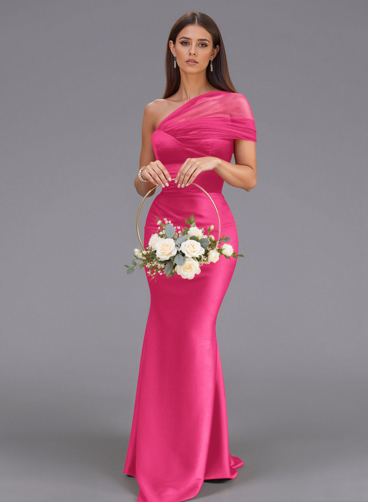 Elegant Tulle One-Shoulder Trumpet/Mermaid Floor-Length Satin Bridesmaid Dresses, product image 12