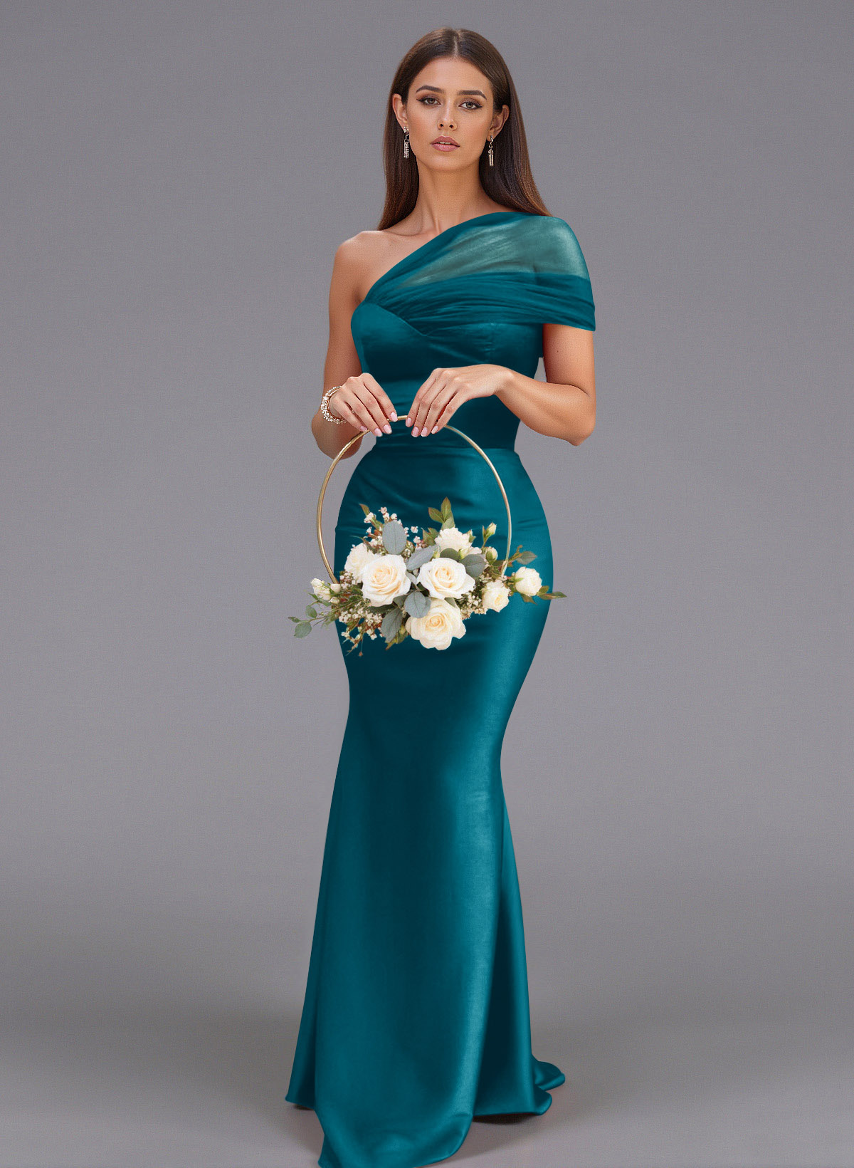 Elegant Tulle One-Shoulder Trumpet/Mermaid Floor-Length Satin Bridesmaid Dresses, product image 64