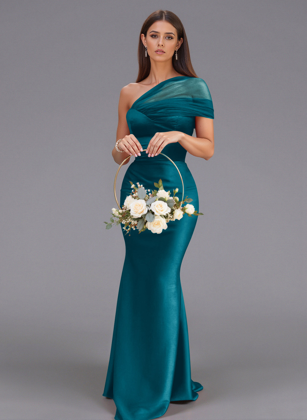 Elegant Tulle One-Shoulder Trumpet/Mermaid Floor-Length Satin Bridesmaid Dresses, product image 64