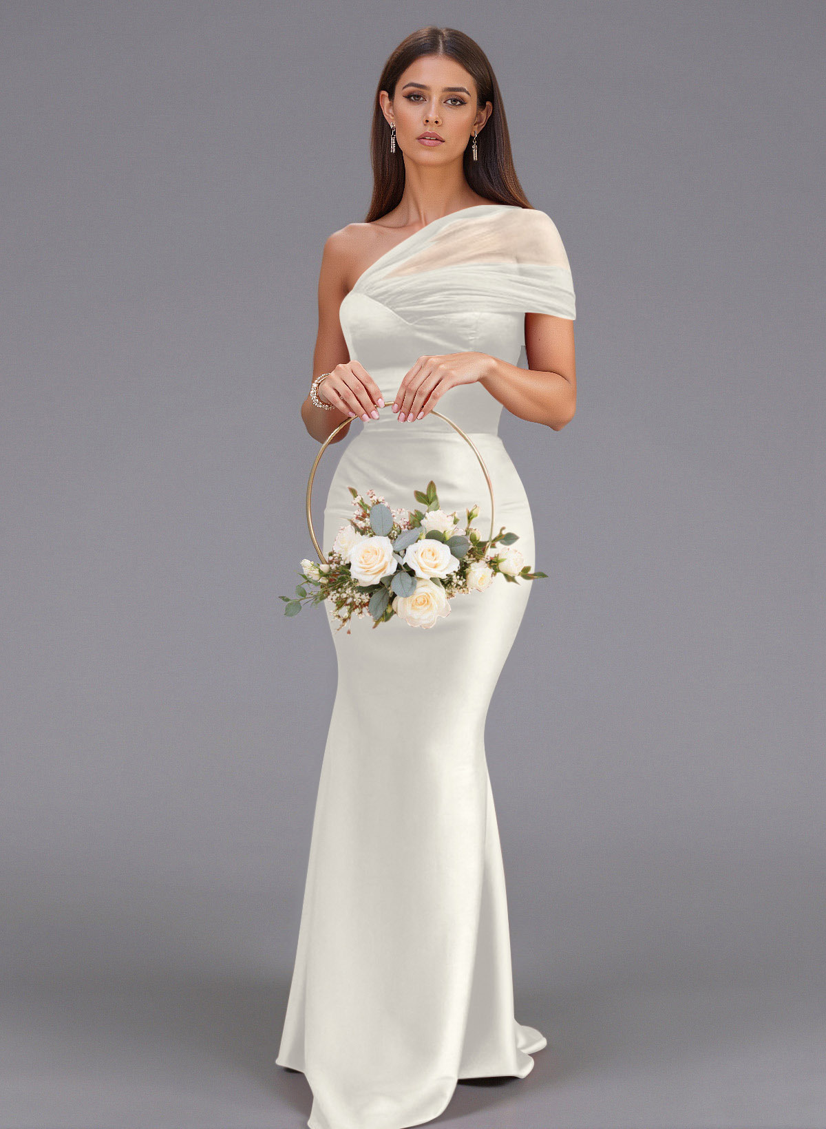 Elegant Tulle One-Shoulder Trumpet/Mermaid Floor-Length Satin Bridesmaid Dresses, product image 17