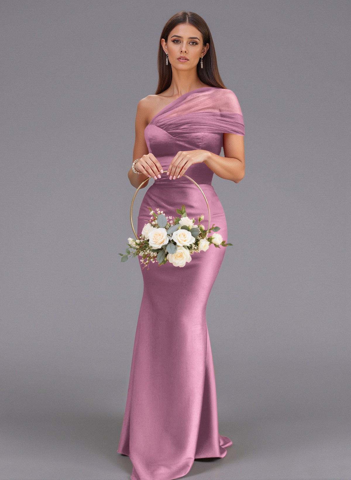 Elegant Tulle One-Shoulder Trumpet/Mermaid Floor-Length Satin Bridesmaid Dresses, product image 40