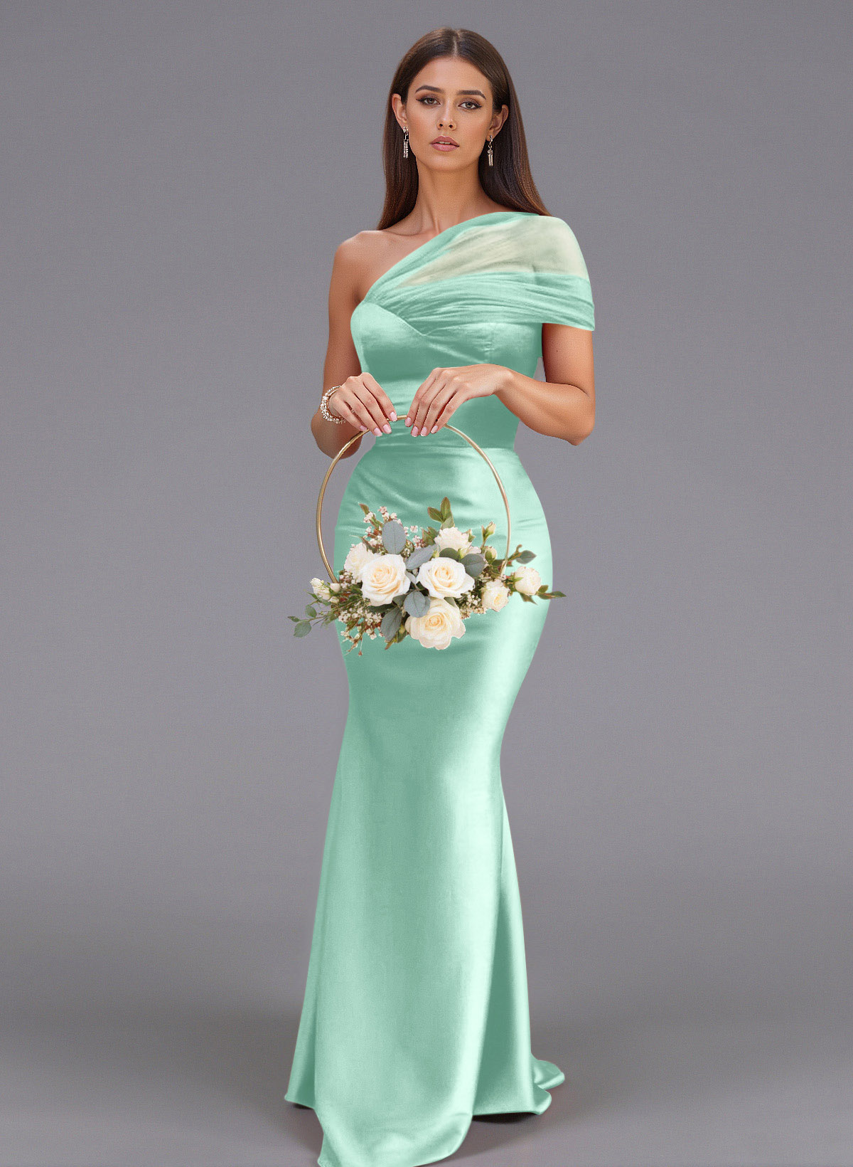Elegant Tulle One-Shoulder Trumpet/Mermaid Floor-Length Satin Bridesmaid Dresses, product image 26